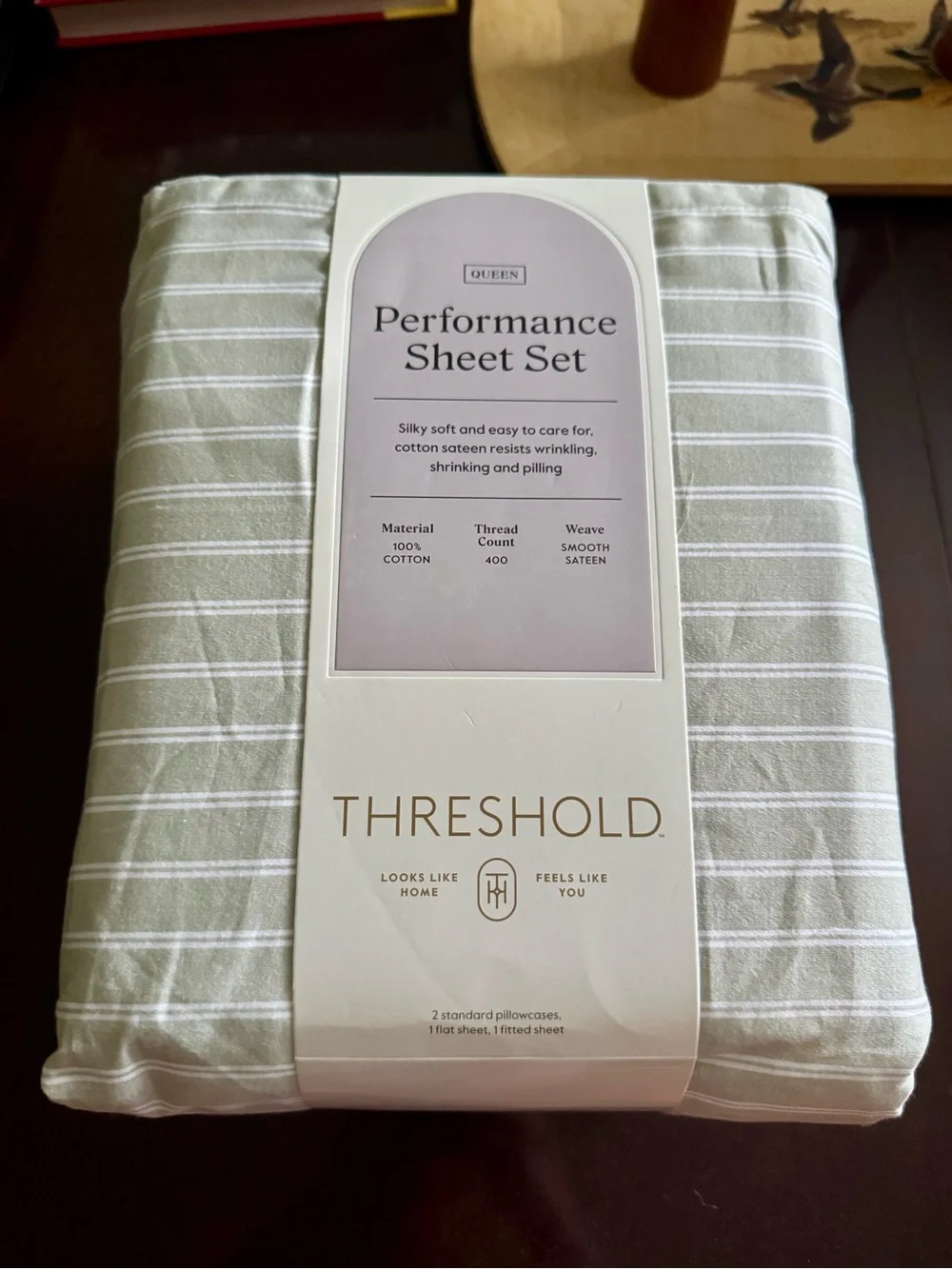 Threshold Striped Performance Sheet Set - size queen Sage and White